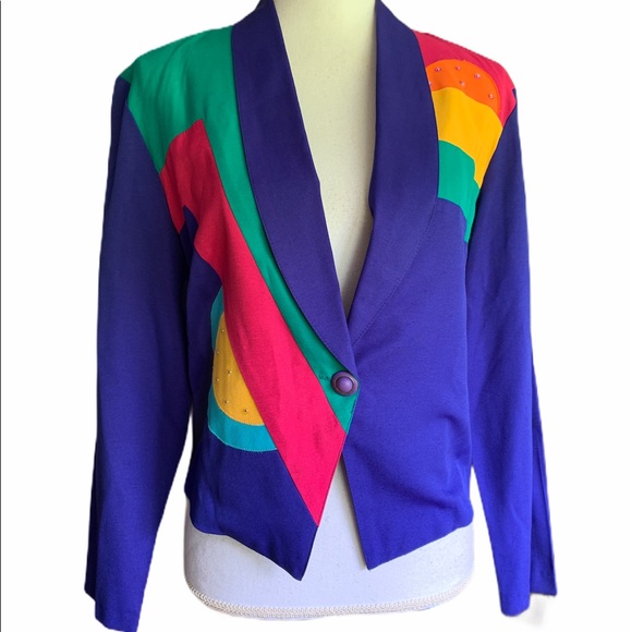 Vtg 80’s City Girl Blue Rainbow Cropped Blazer 6 - Picture 12 of 14